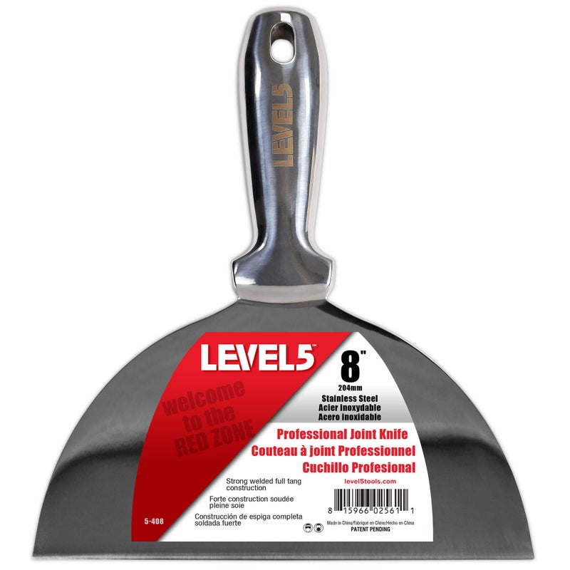 Level-5 8" All Stainless Steel Joint Knife - LEVEL5 | Professional Grade Putty Blade, Premium Polished All-Metal, Precision Ground Edge, Ergonomic, Corrosion Resistant | 5-408 - Image 1